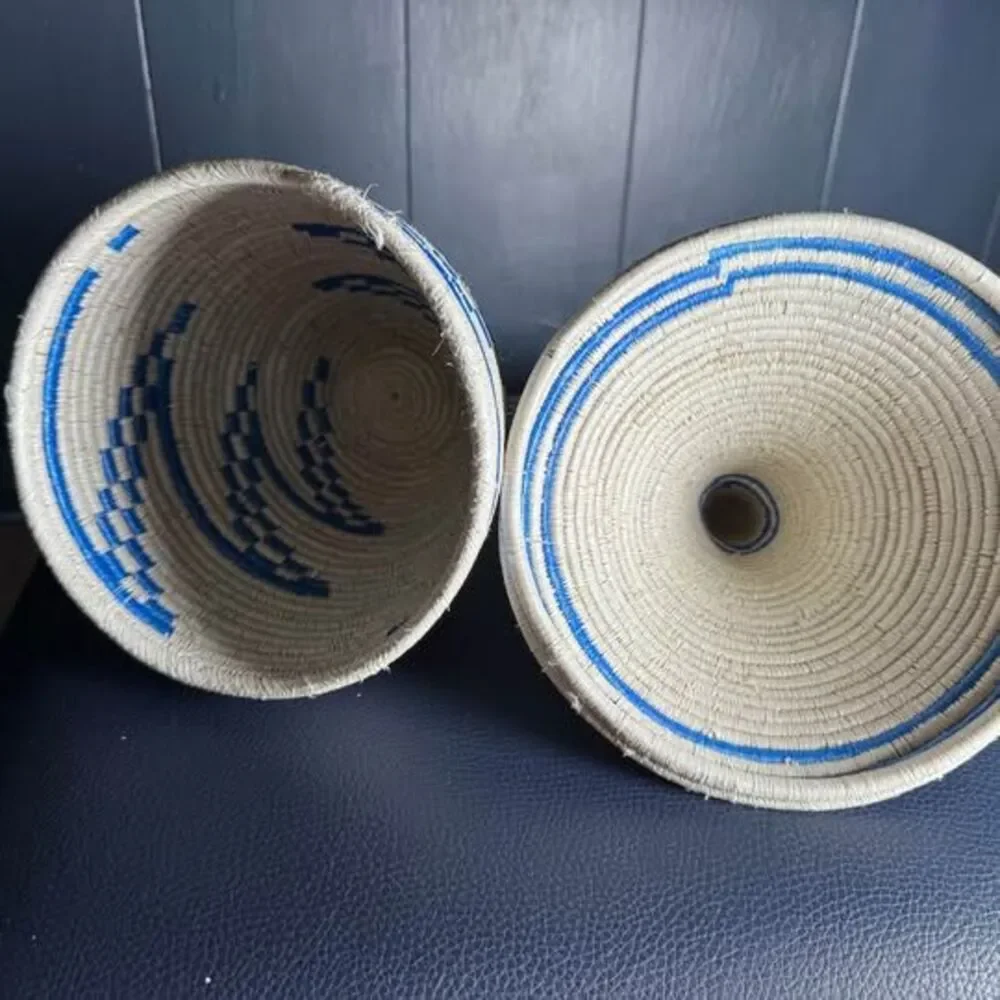 Authentic Rwandan Agaseke Peace Basket Handwoven Blue & Cream Sisal 13